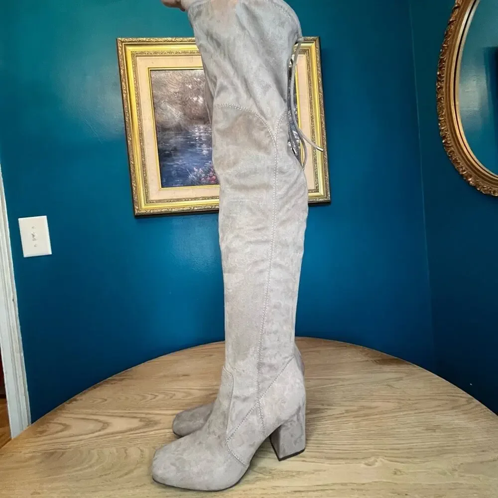 Unisa Quesia Over The Knee Square Toe Block Heel Boots Taupe Women’s Size 9
